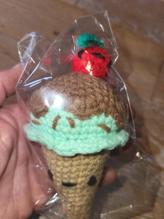 ICE CREAM CONE with Cherry-kids or cat toy-SUPPORT KIDS CROCHETING-FREE SHIP