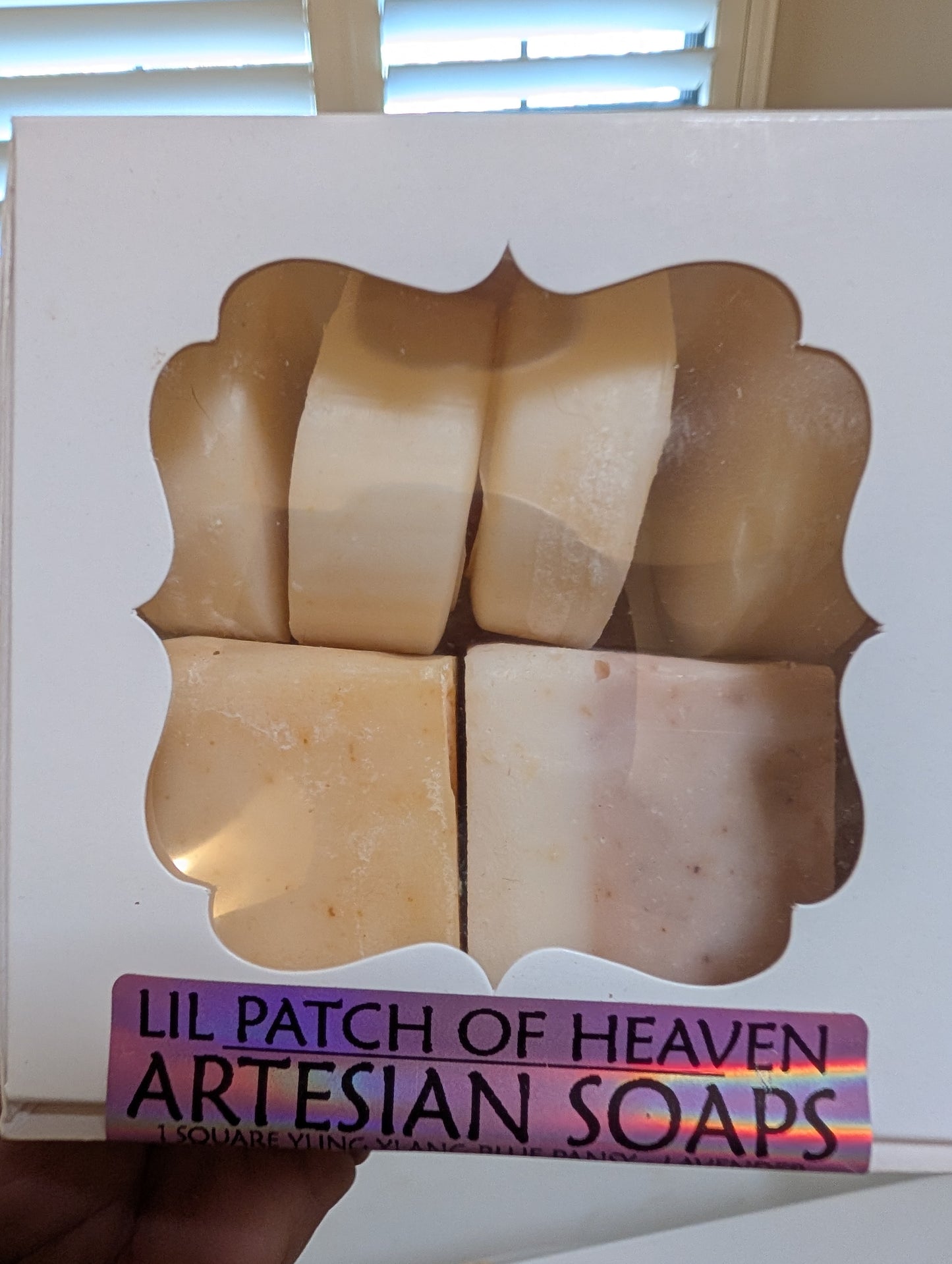 Artesian Herbal Soaps-with Bamboo Holder & Sisal Scrub Bag -50% Pork Lard 50% Coconut Oil ,Sweet Orange - Chamomile,Yling Ylang, Blue Tansy-ESSENTIAL OIL-6 Soaps- Conditioning-ORGANIC - Off White, Light Lilac-FREE SHIPPING