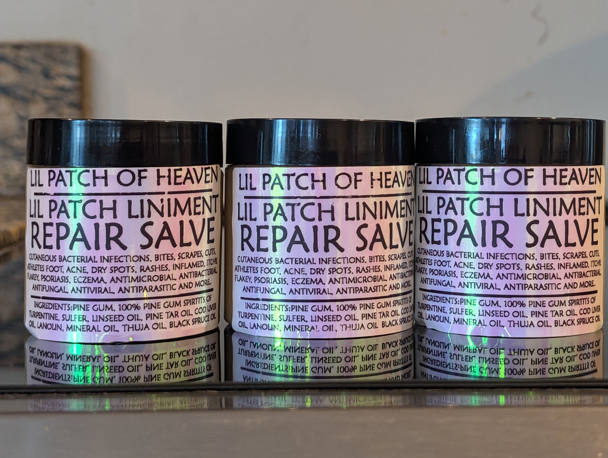 LIL PATCH LINIMENT - SKIN REPAIR SALVE - PINE GUM, 100% PINE GUM SPIRITS TURPENTINE, SULFUR, LINSEED OIL, PINE TAR OIL, COD LIVER OIL, LANOLIN, MINERAL OIL, THUJA OIL, BLACK SPRUCE OIL - athletes foot,psoriasis, eczema cutaneous infections - FREE SHIPPING